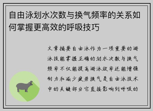 自由泳划水次数与换气频率的关系如何掌握更高效的呼吸技巧